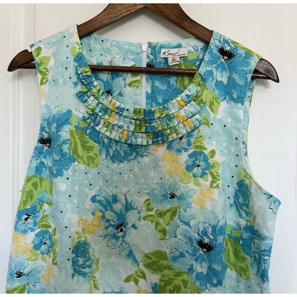 Kim Rogers Linen Shift Dress Womens 16 Blue Floral Sleeveless Pleated Neck - Picture 3 of 10